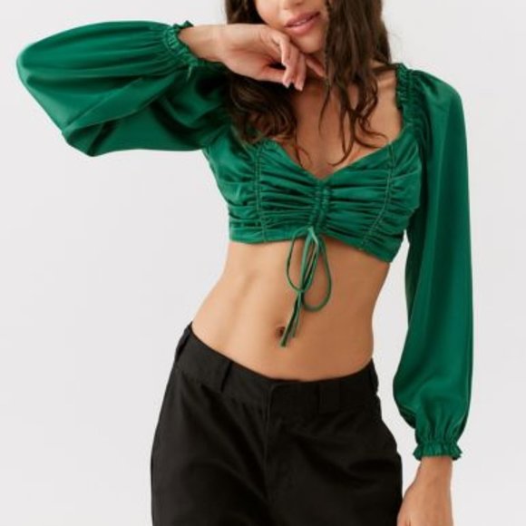 NWT UO Caroleena Cropped Puff Sleeve Open Back Greene Blouse - Picture 4 of 7